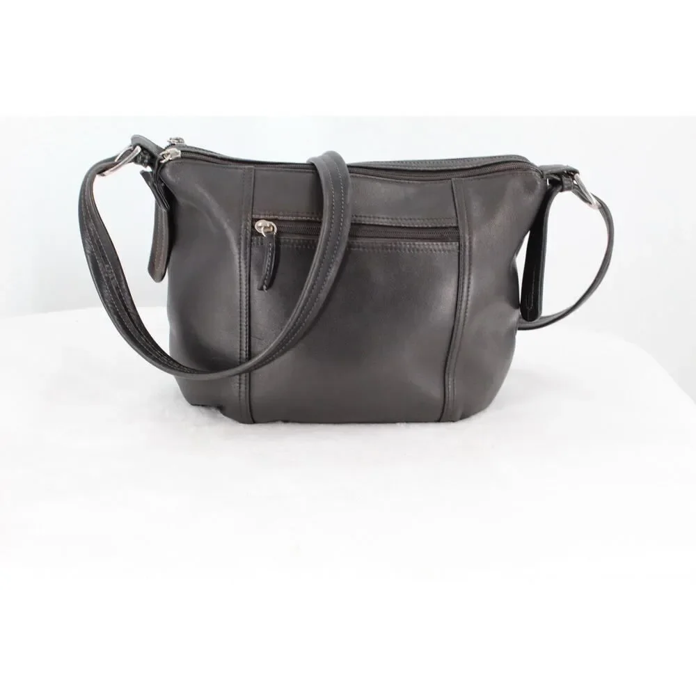 Tignanello Black Leather Shoulder Bag Double Zip Top Crossbody Purse Silver